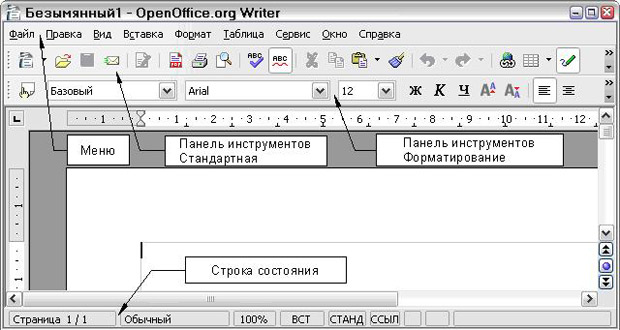 Общий вид окна Writer в режиме Разметка печати