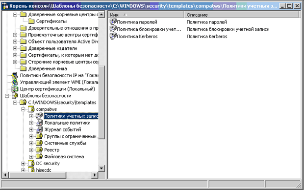 Оснастка Политика учетных записей шаблонов безопасности