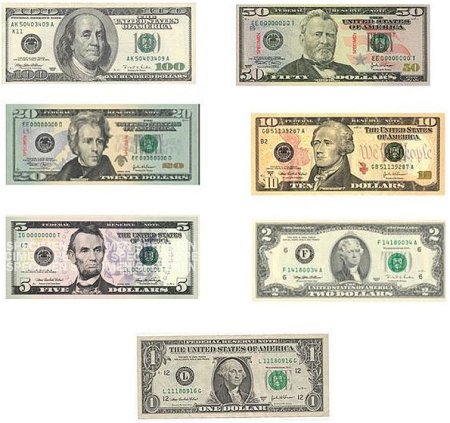 Банкноты – доллары США – 1,2,5, 10, 20, 50, 100